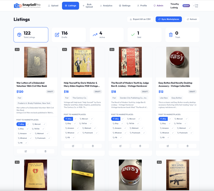 Inventory dashboard with marketplace publishing